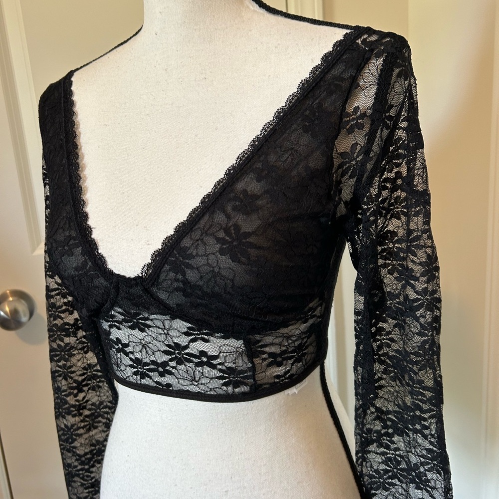 Black long sleeve lace deep Vneck crop corset top - Picture 4 of 4